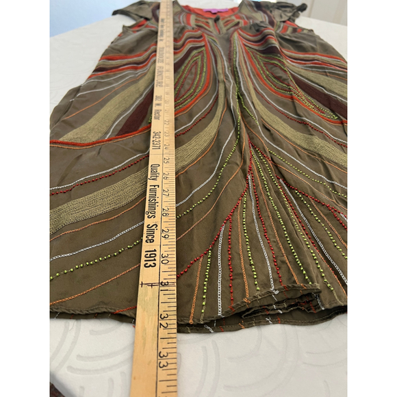 Calypso Womens XS Silk Beaded Cap Sleeve Boho Earthy Green Orange Shift Dress - Picture 11 of 12